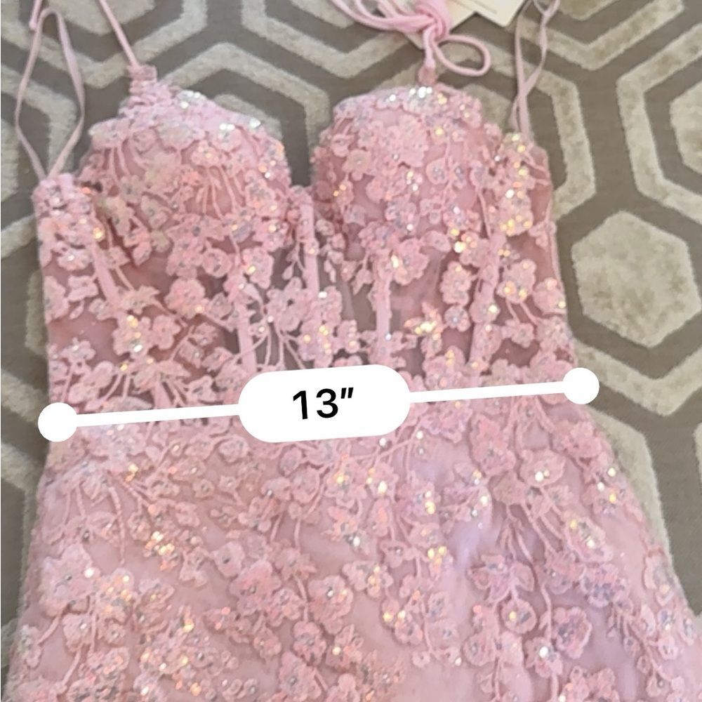 STACEES Floral Sequined Lace-Up Homecoming Dress Glitter Blushing Pink 6 NWT - Picture 12 of 13